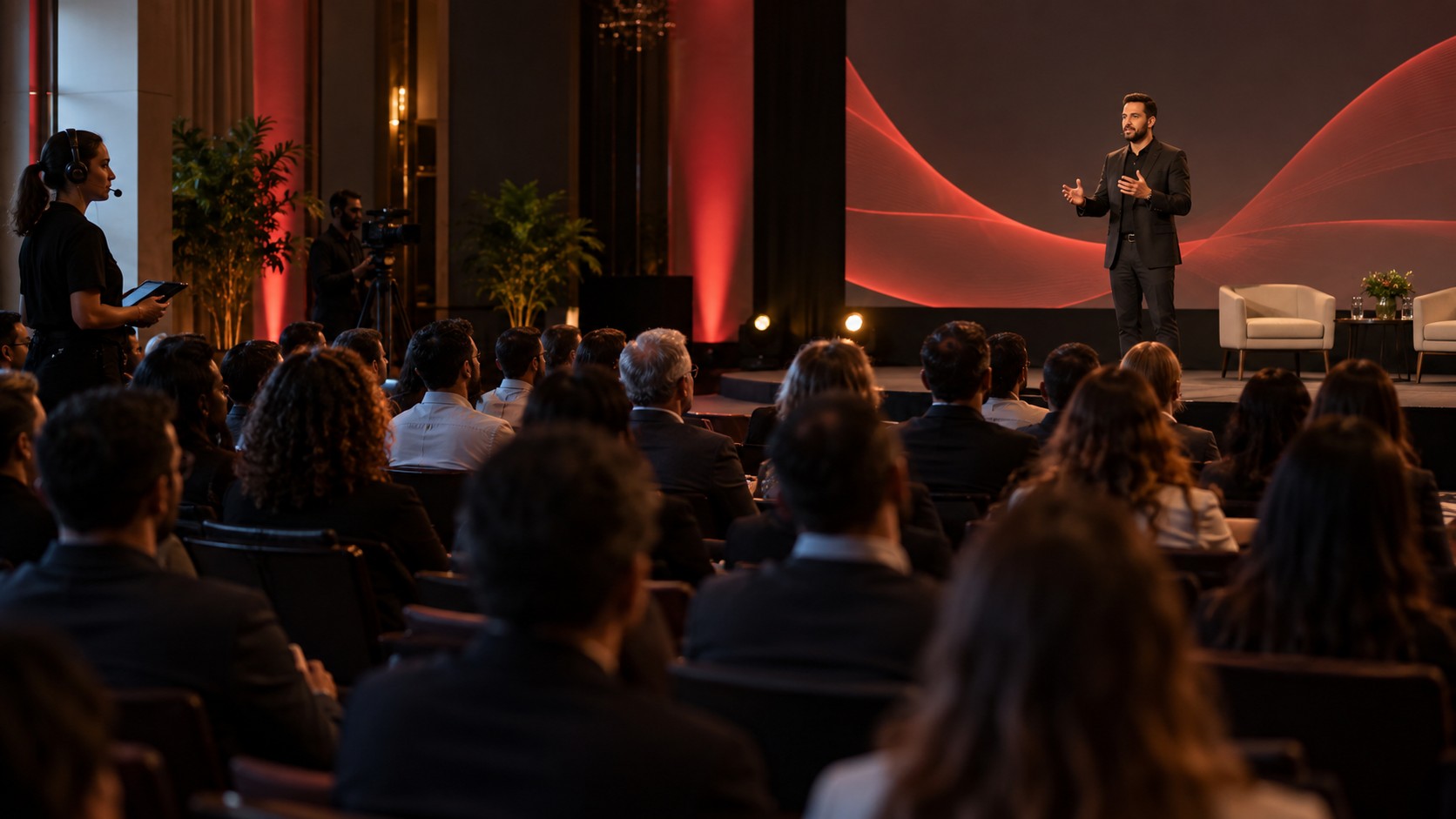 Evento corporativo com palestrante, público e coordenação de produção.