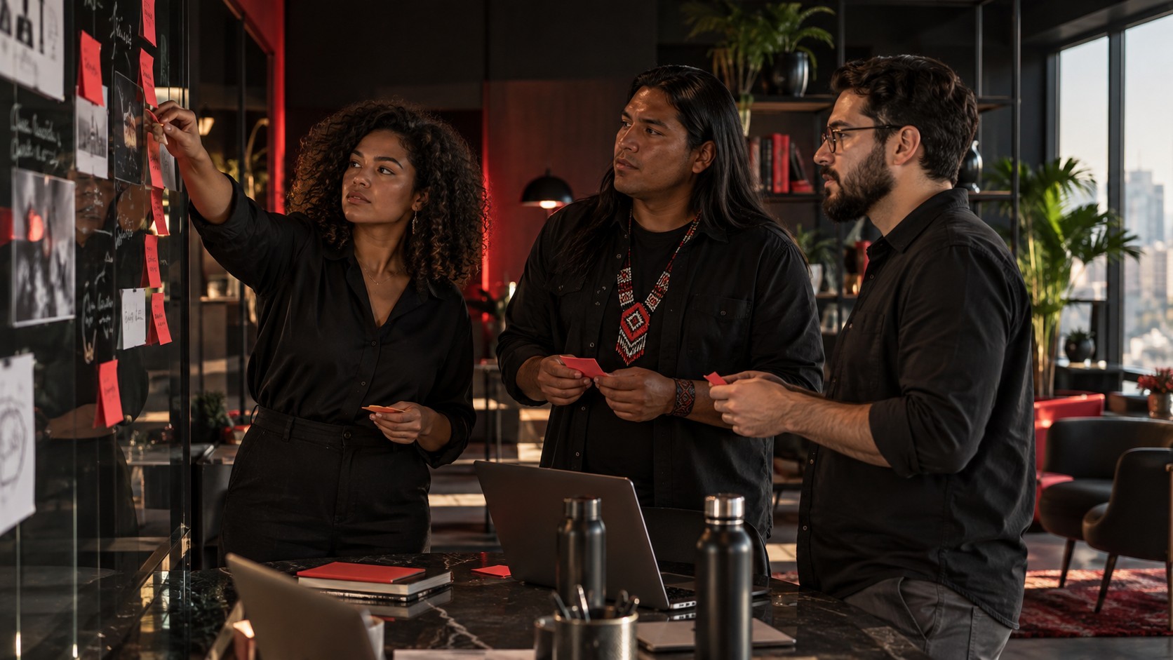 Equipe organizando uma estratégia de marketing em um quadro.